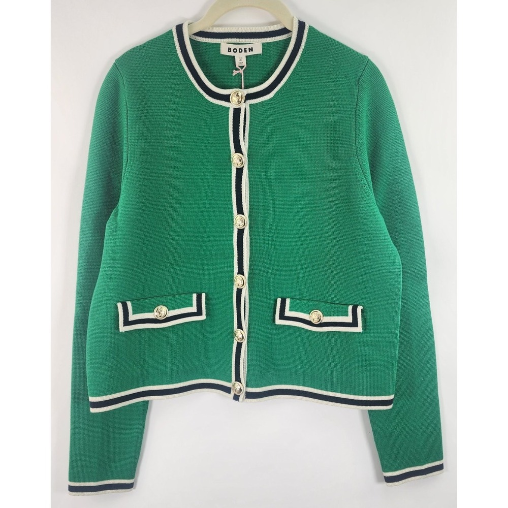 Boden Holly Knitted Jacket Women's 8 Green Gold Buttons Nautical Old Money